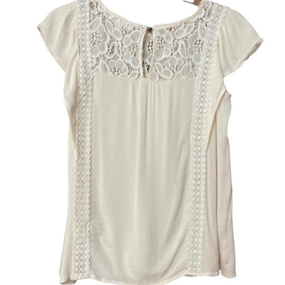 LOVE FIRE Women's Top Small Cream Lace Keyhole Back Ruffled Cap Sleeves‎ Crinkle - Picture 3 of 7